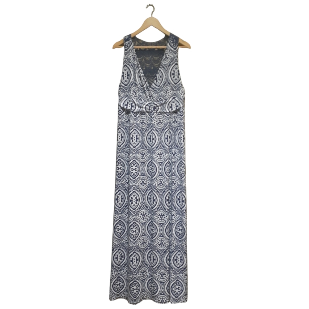 Joseph Ribkoff Women's Maxi Dress Blue & White Print Crochet Detail Size 14